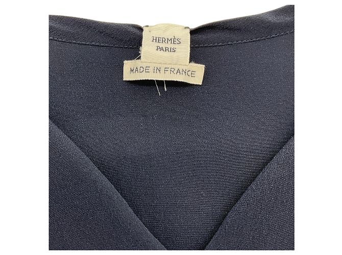 Hermès Hermes Navy Blue Silk Flutter Sleeve Drape Top - view 4
