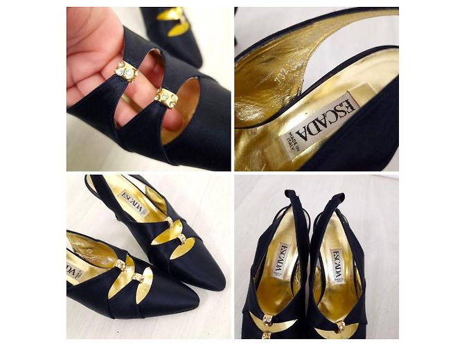Escada dunkelblaue Satin-Schuhe aus den 80ern - Ansicht 10