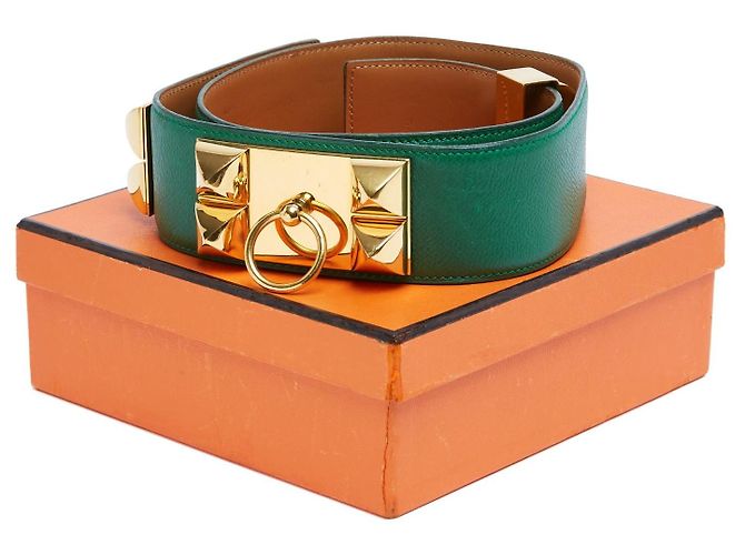 Hermès 1990 T70 Grüner Leder Collier de Chien 50 Gürtel 28in Hermes Box Golden - Ansicht 8