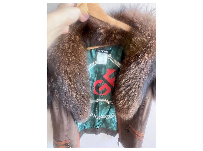 Autre Marque Braune Lederjacke mit Pelzkragen - Ansicht 10