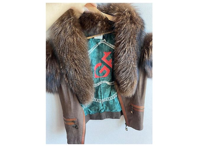 Autre Marque Braune Lederjacke mit Pelzkragen - Ansicht 2