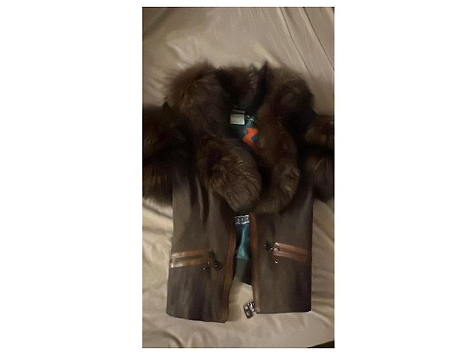 Autre Marque Braune Lederjacke mit Pelzkragen - Ansicht 3