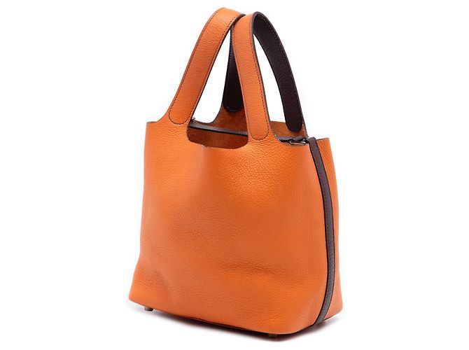 Hermès Picotin 18 Bicolor Orange aus Clemence Dunkelbraun - Ansicht 2