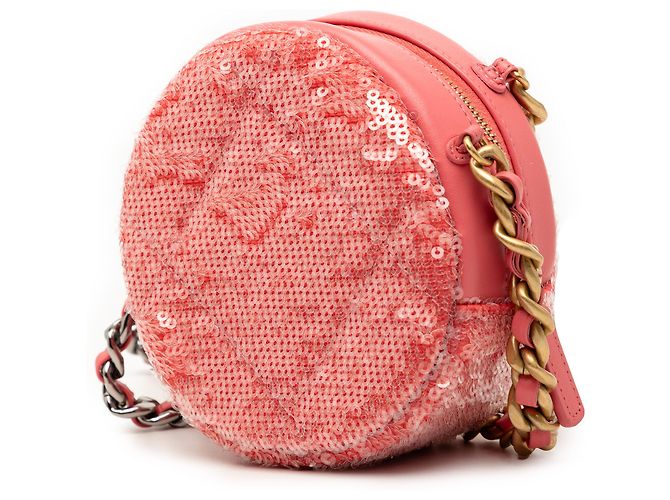 Clutch rotondo Chanel in agnello rosa con paillettes 19 con catena - vista 2