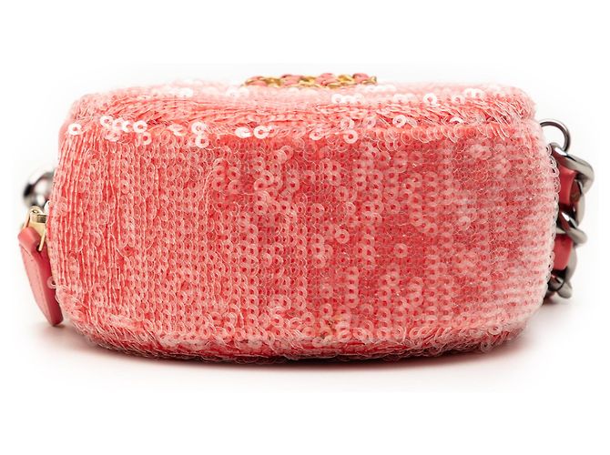 Clutch rotondo Chanel in agnello rosa con paillettes 19 con catena - vista 3