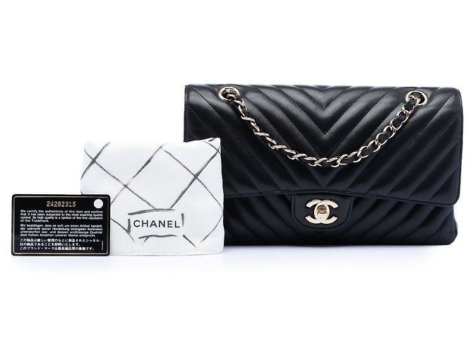 Chanel Nero Medio Classico Chevron Pelle di Agnello Doppio Flap - vista 9