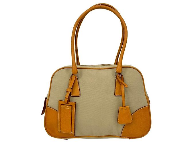 Bolsa tote 2 em 1 em lona e couro com logo triangular Prada Marrom Bege - vista 2