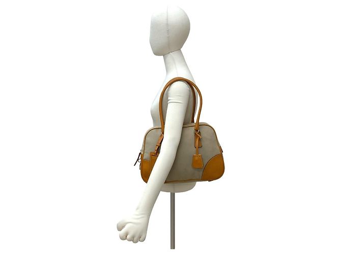 Bolsa tote 2 em 1 em lona e couro com logo triangular Prada Marrom Bege - vista 3
