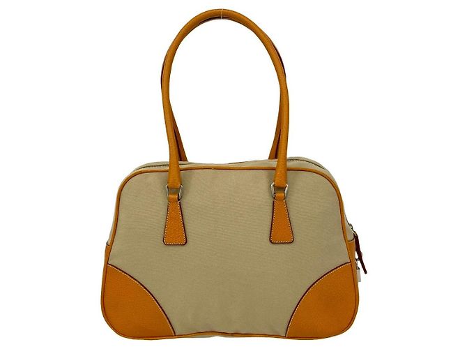 Bolsa tote 2 em 1 em lona e couro com logo triangular Prada Marrom Bege - vista 4
