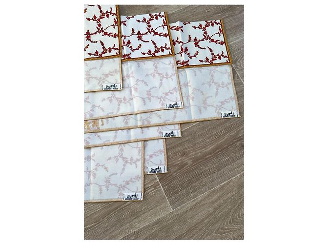 Ensemble de 6 sets de table et 6 serviettes Hermès "Paniers Fleuris" Blanc Rouge Doré - vue 5