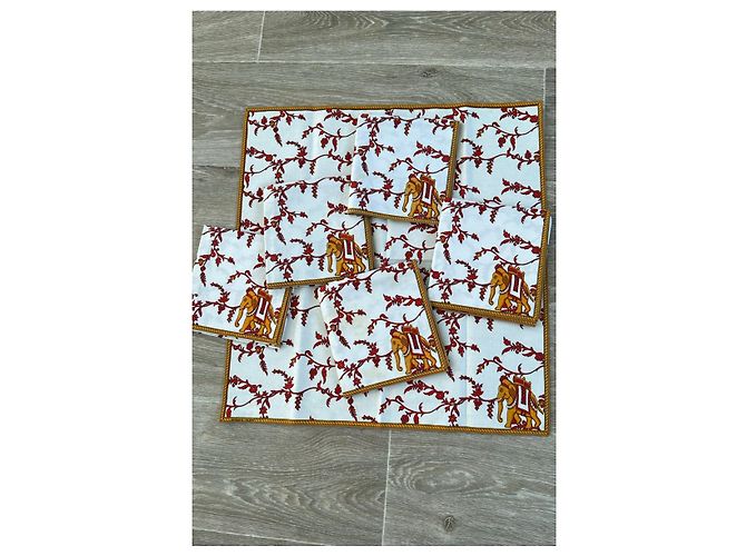 Ensemble de 6 sets de table et 6 serviettes Hermès "Paniers Fleuris" Blanc Rouge Doré - vue 6