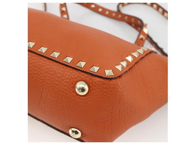 Bolso de mano de cuero Valentino con tachuelas 2 en 1 dorado naranja marrón Auth BA11416 - vista 10