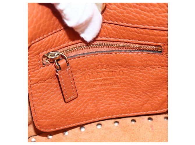 Bolso de mano de cuero Valentino con tachuelas 2 en 1 dorado naranja marrón Auth BA11416 - vista 11
