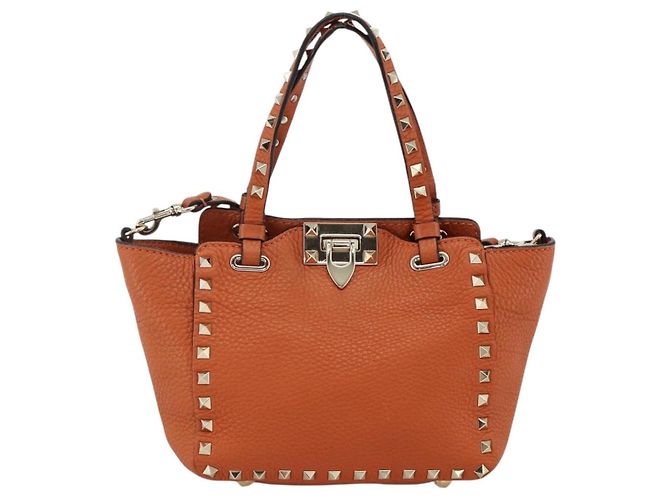 Bolso de mano de cuero Valentino con tachuelas 2 en 1 dorado naranja marrón Auth BA11416 - vista 13