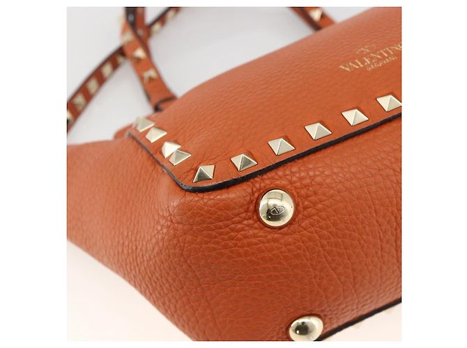 Bolso de mano de cuero Valentino con tachuelas 2 en 1 dorado naranja marrón Auth BA11416 - vista 17