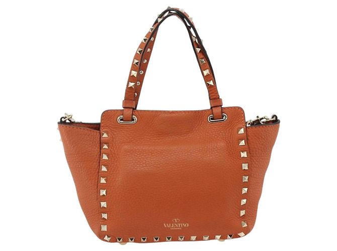 Bolso de mano de cuero Valentino con tachuelas 2 en 1 dorado naranja marrón Auth BA11416 - vista 2