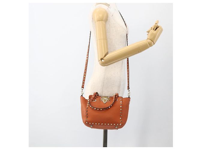Bolso de mano de cuero Valentino con tachuelas 2 en 1 dorado naranja marrón Auth BA11416 - vista 23