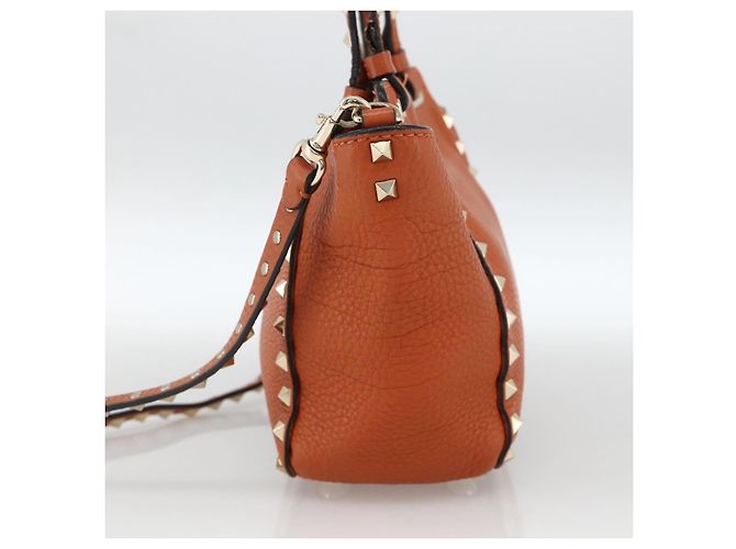 Bolso de mano de cuero Valentino con tachuelas 2 en 1 dorado naranja marrón Auth BA11416 - vista 4