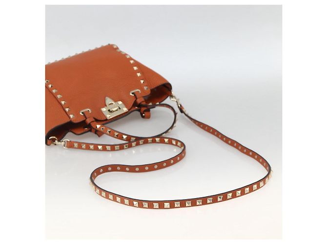 Bolso de mano de cuero Valentino con tachuelas 2 en 1 dorado naranja marrón Auth BA11416 - vista 9