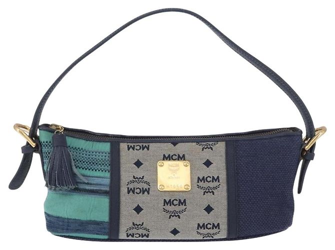 Borsa a spalla MCM Vicetos Logogram in tela blu oro Auth BSZ289 D'oro - vista 2