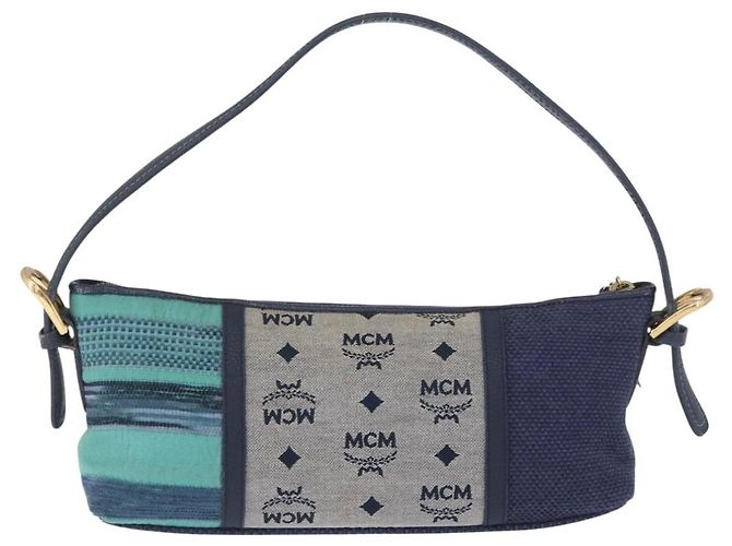 Borsa a spalla MCM Vicetos Logogram in tela blu oro Auth BSZ289 D'oro - vista 3