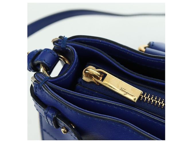 Salvatore Ferragamo Gancini Sofia Handtasche Leder 2-Wege Blau Gold Auth ARZ486A Golden - Ansicht 19