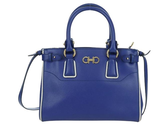 Salvatore Ferragamo Gancini Sofia Handtasche Leder 2-Wege Blau Gold Auth ARZ486A Golden - Ansicht 2