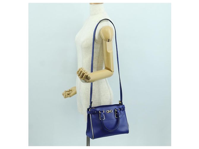 Salvatore Ferragamo Gancini Sofia Handtasche Leder 2-Wege Blau Gold Auth ARZ486A Golden - Ansicht 27