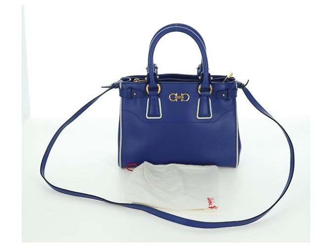 Salvatore Ferragamo Gancini Sofia Handtasche Leder 2-Wege Blau Gold Auth ARZ486A Golden - Ansicht 28