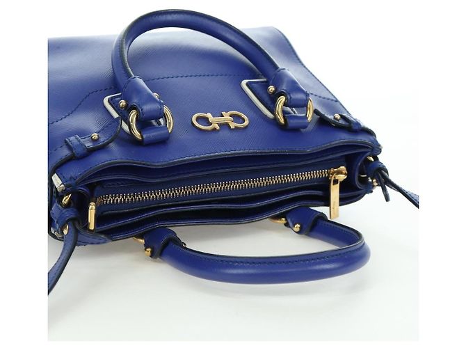 Salvatore Ferragamo Gancini Sofia Handtasche Leder 2-Wege Blau Gold Auth ARZ486A Golden - Ansicht 7