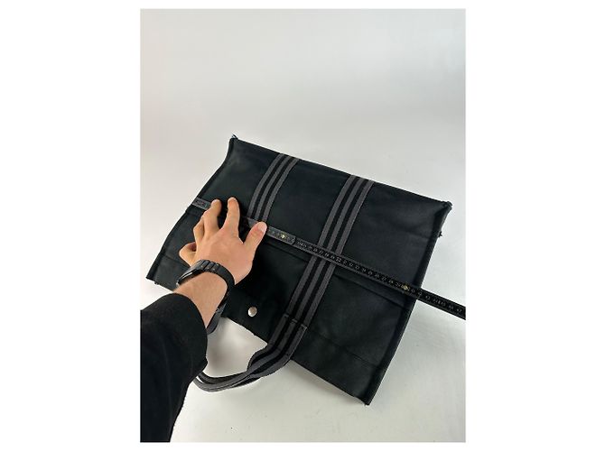 Vintage Hermès Canvas Tote Bag Schwarz Grau - Ansicht 10