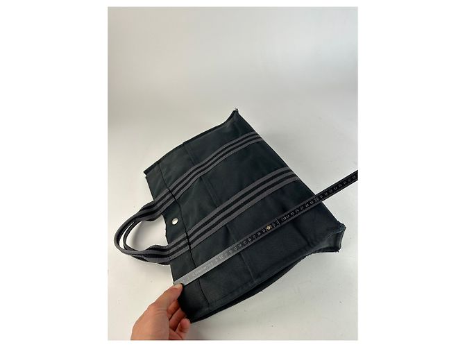 Vintage Hermès Canvas Tote Bag Schwarz Grau - Ansicht 11