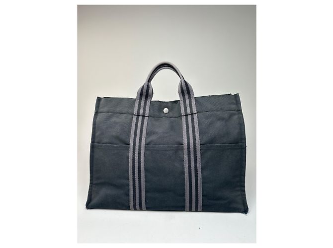 Vintage Hermès Canvas Tote Bag Schwarz Grau - Ansicht 13