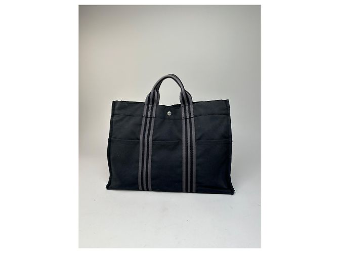 Vintage Hermès Canvas Tote Bag Schwarz Grau - Ansicht 2