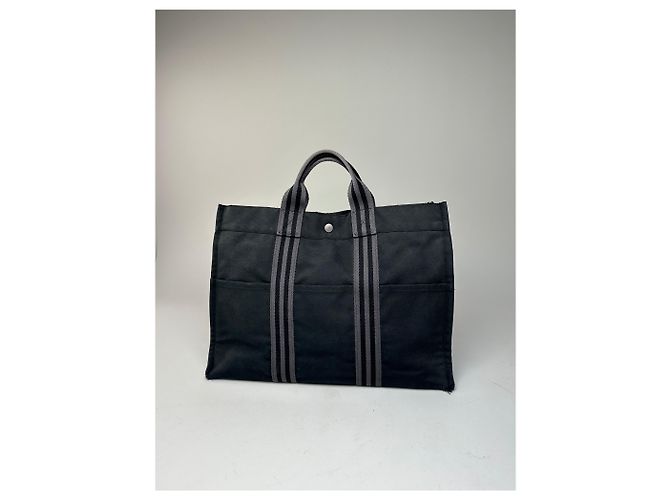 Vintage Hermès Canvas Tote Bag Schwarz Grau - Ansicht 6