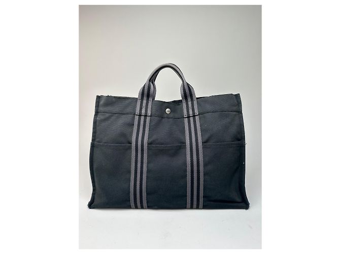 Vintage Hermès Canvas Tote Bag Schwarz Grau - Ansicht 8