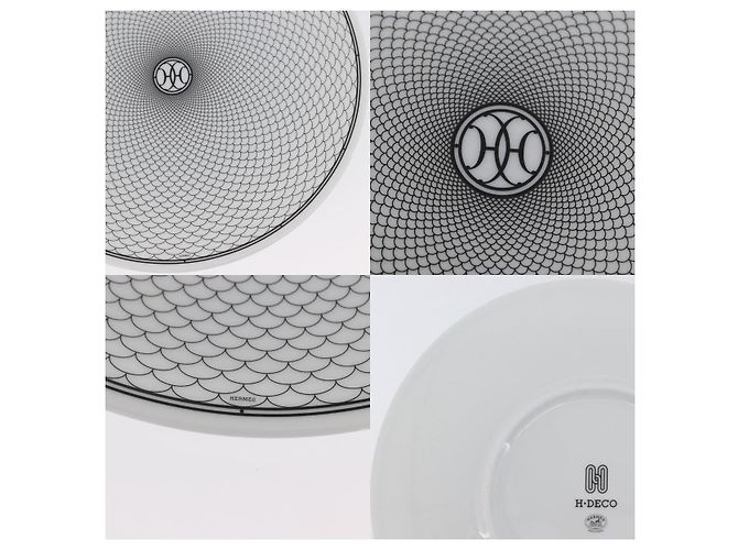 Piatto H Deco Hermès in ceramica bianca e nera Bianco - vista 4