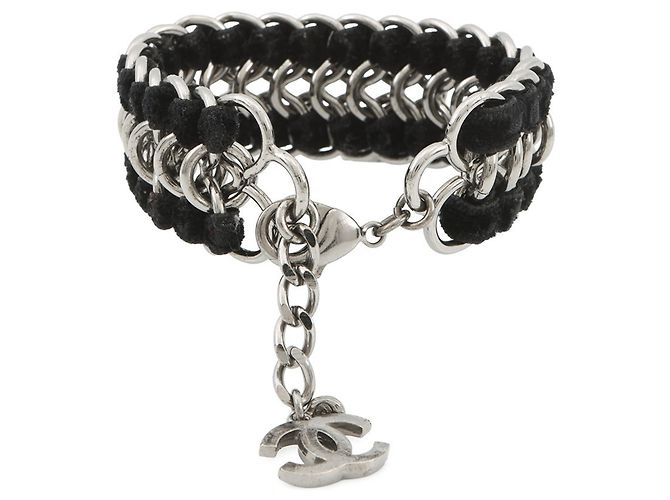Bracciale in velluto e charm in strass Chanel Nero Argento - vista 3