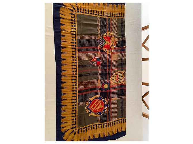 Autre Marque Foulard in seta con motivo a scacchi e stemmi Marrone Rosso Blu D'oro - vista 4