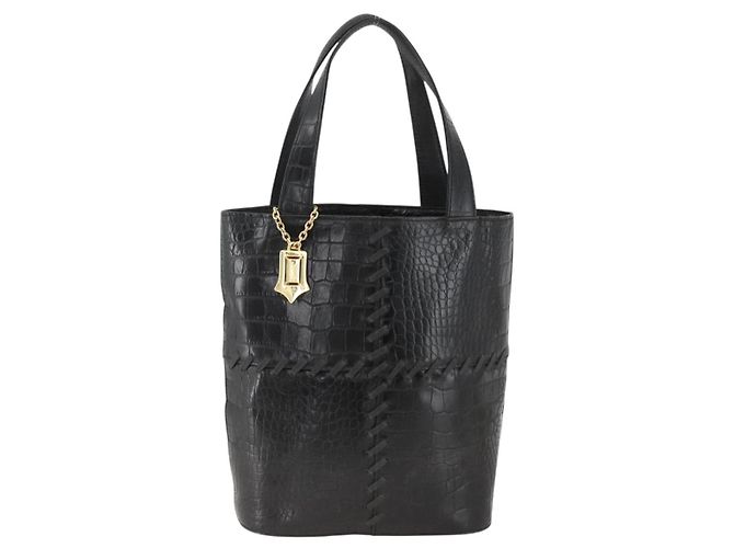 SAINT LAURENT Borsa a mano in pelle embossata Nera Oro Auth BSZ274 Nero D'oro - vista 2