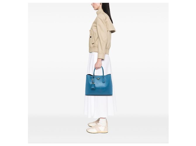 Prada Grande Borsa Doppia in Pelle Saffiano Blu - vista 7