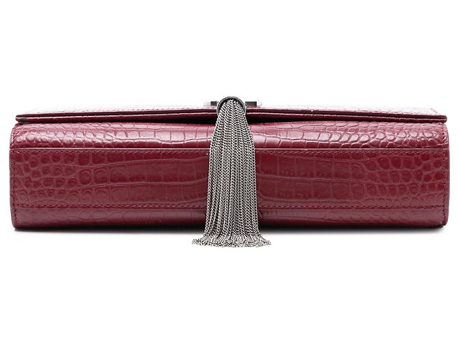 Saint Laurent Rosso Medio Pelle Embossata Coccodrillo Monogramma Kate Borsa a Tracolla con Frange Bordò - vista 3