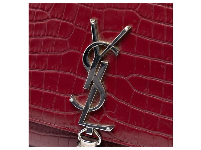Saint Laurent Rosso Medio Pelle Embossata Coccodrillo Monogramma Kate Borsa a Tracolla con Frange Bordò - vista 6