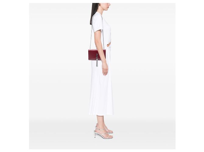 Saint Laurent Rosso Medio Pelle Embossata Coccodrillo Monogramma Kate Borsa a Tracolla con Frange Bordò - vista 7