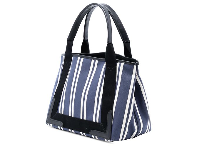 Balenciaga Cabas S Striato in Tela Blu Navy - vista 2