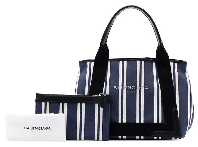 Balenciaga Cabas S Striato in Tela Blu Navy - vista 8