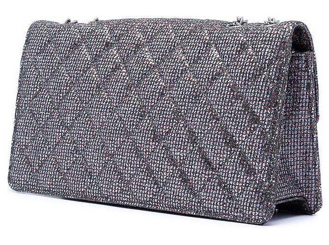 Chanel Argento Trapuntato Glitter Tela Riedizione 2.55 Borsa a Flap - vista 2