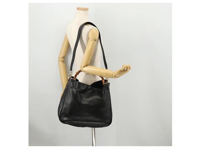 Borsa a mano in pelle GUCCI Bamboo 2way Nero Oro 001 1998 1577 Auth 173531 D'oro - vista 24