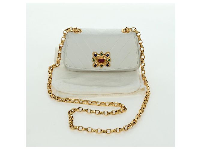 CHANEL Bolsa de Ombro Griboa V Stitch em Couro Branco Ouro CC Auth ARZ551SAV Dourado - vue 12