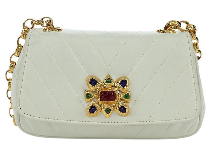 CHANEL Bolsa de Ombro Griboa V Stitch em Couro Branco Ouro CC Auth ARZ551SAV Dourado - vue 13